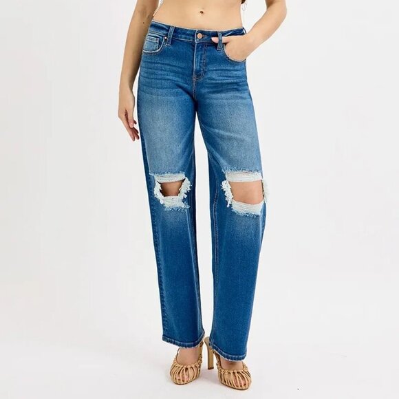 RISEN Full Size Mid Waist Fit Boyfriend Knee Distressed Jeans Plus Size - Picture 1 of 6